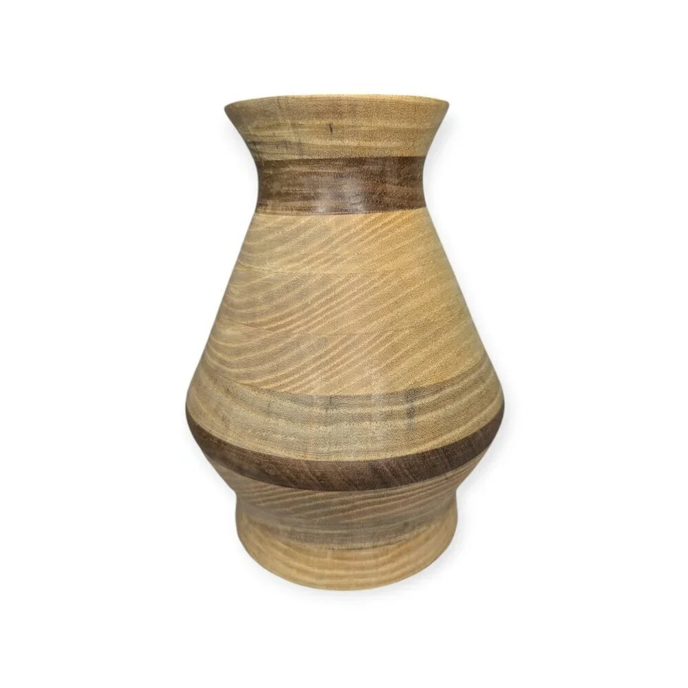 Vintage Handmade 1999 Signed Hand Turned Wood Vase Hickory with Walnut Unsealed